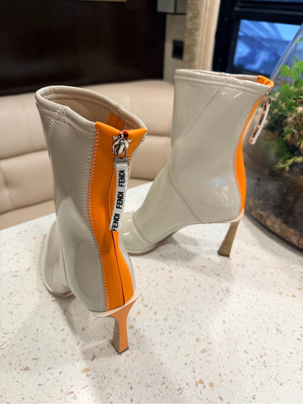 Fendi Patent Mid-Calf Pointed Toe Boots in Cream with Orange Zip - Picture 8 of 8